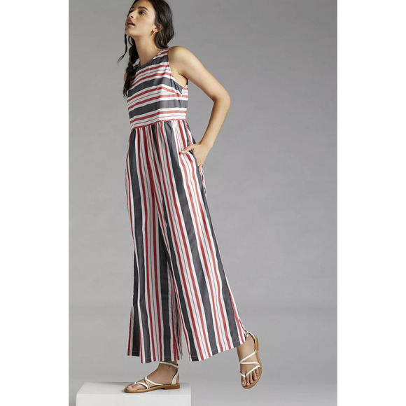 NEW Anthropologie Maeve Red Blue Striped Flare Jumpsuit - Various - Picture 2 of 13